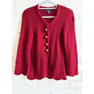 Etcetera Red Textured Knit Cardigan Sweater Women’s Small Wood Button Old Money